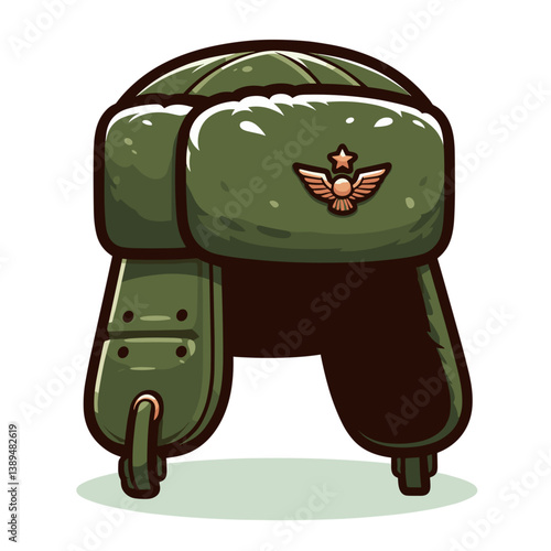 Military ushanka hat with ear flaps and star emblem in olive green. Perfect for winter military gear, cold weather uniforms, and Russian army equipment illustrations.