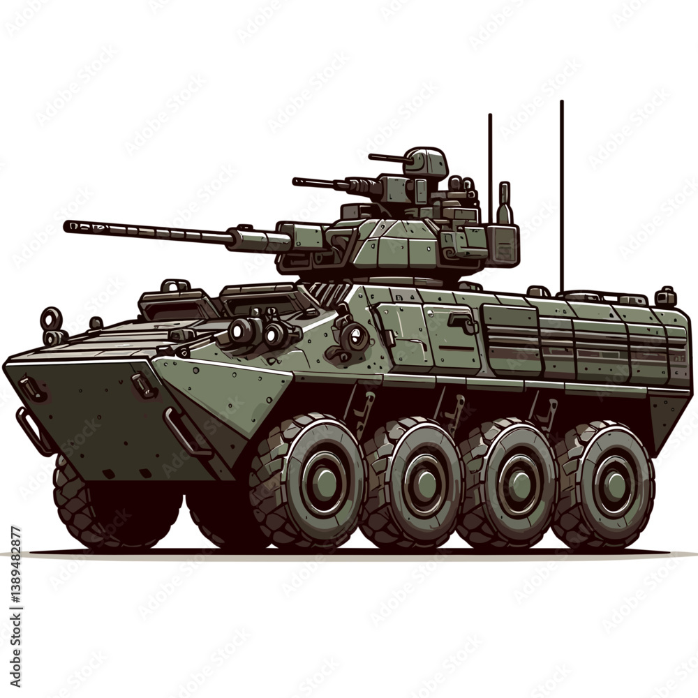Vector illustration of military armored vehicle with turret and wheels. Perfect for defense equipment catalogs, military history websites, and strategic warfare education. Vector illustration of military armored vehicle with turret and wheels. Perfect for defense equipment catalogs, military history websites, and strategic warfare education.