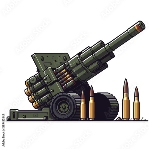 Vector art of military artillery cannon with ammunition. Ideal for historical warfare websites, defense equipment catalogs, and military technology education.