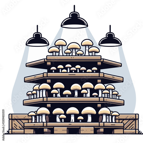 Vector mushroom farm with growing shelves under hanging lamps in controlled environment. Ideal for agriculture business, fungiculture and indoor farming technique illustrations.