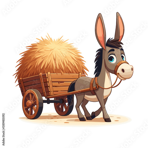 Vector cartoon donkey pulling wooden cart with hay in countryside style. Perfect for farm animal illustrations, agricultural work concepts and rural lifestyle visualizations.