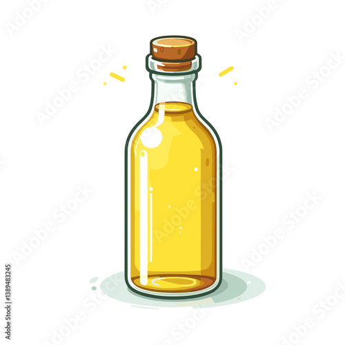 Vector illustration of glass bottle with olive oil and cork stopper. Perfect for culinary branding or natural product marketing.