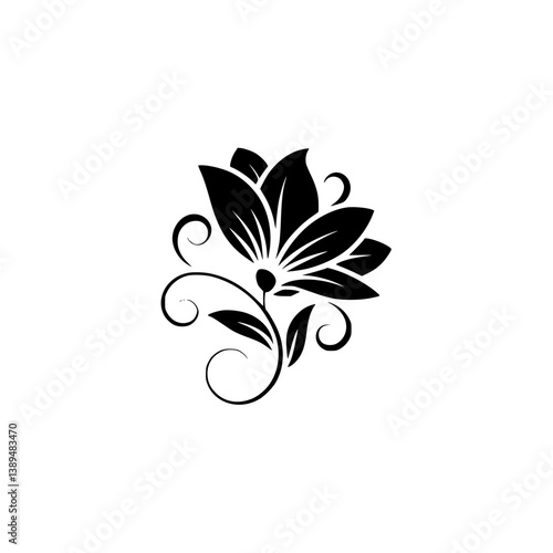 Elegant Black Flower Silhouette on White Background, Decorative Design