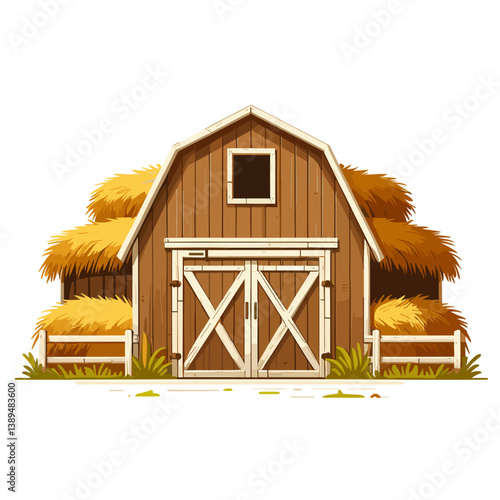 Vector illustration of red barn with hay bales in rustic farm style. Perfect for agriculture business or countryside tourism promotion.