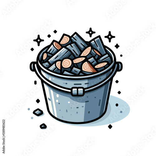 Metal bucket filled with coal in gray and black tones on white background. Perfect for heating resources, energy materials, and traditional fuel illustrations.