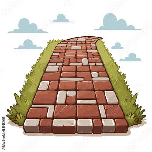 Brick paved pathway with green grass borders under blue sky. Ideal for garden landscape design, outdoor walkway ideas, and architectural hardscape elements.