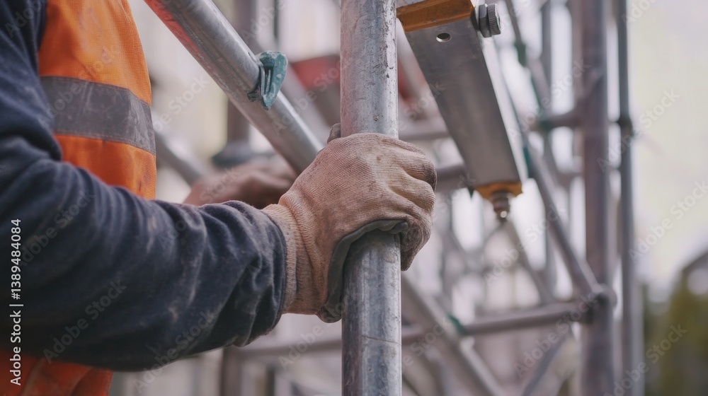 A construction worker setting up scaffolding at a building site. Featuring teamwork and coordination A construction worker setting up scaffolding at a building site. Featuring teamwork and coordination