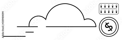 Cloud with data transfer lines, dollar coin, and server block representing cloud storage, data management, and cost-effectiveness. Ideal for cloud computing, technology, finance, data security