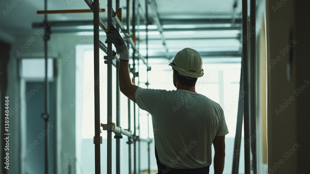 A construction worker setting up scaffolding at a building site. Featuring teamwork and focus A construction worker setting up scaffolding at a building site. Featuring teamwork and focus