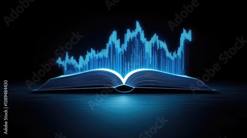 Open book revealing vertical digital lights chart in stock market concept. An open book with a glowing graph symbolizing data analysis.