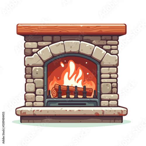 Vector art of classic stone fireplace with burning logs. Ideal for home interior design websites, construction services, and cozy living space concepts.