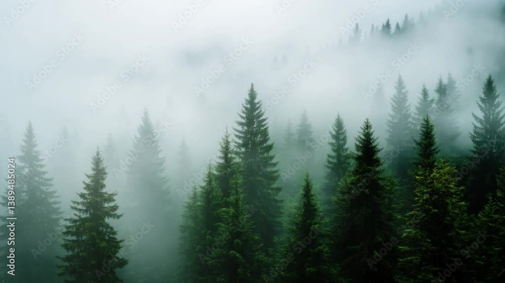 Foggy forest at dawn, pine trees fading into mist, muted tones and ethereal atmosphere Foggy forest at dawn, pine trees fading into mist, muted tones and ethereal atmosphere