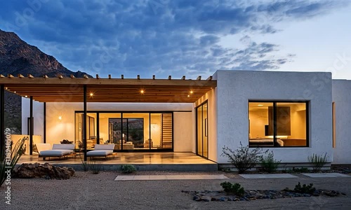 Modern desert house at dusk with mountain backdrop, showcasing sleek architecture and serene environment