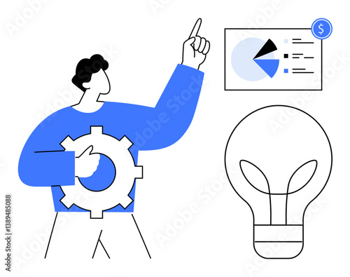 Man with gear analyzing profitability chart and pointing at ideas, symbolized by the lightbulb. Ideal for innovation, teamwork, planning, business growth, entrepreneurship, creativity strategy. Flat