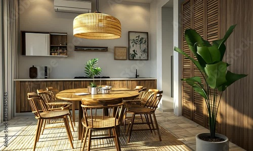 Modern dining room with wooden furniture, tropical plant, and bright natural light streaming in