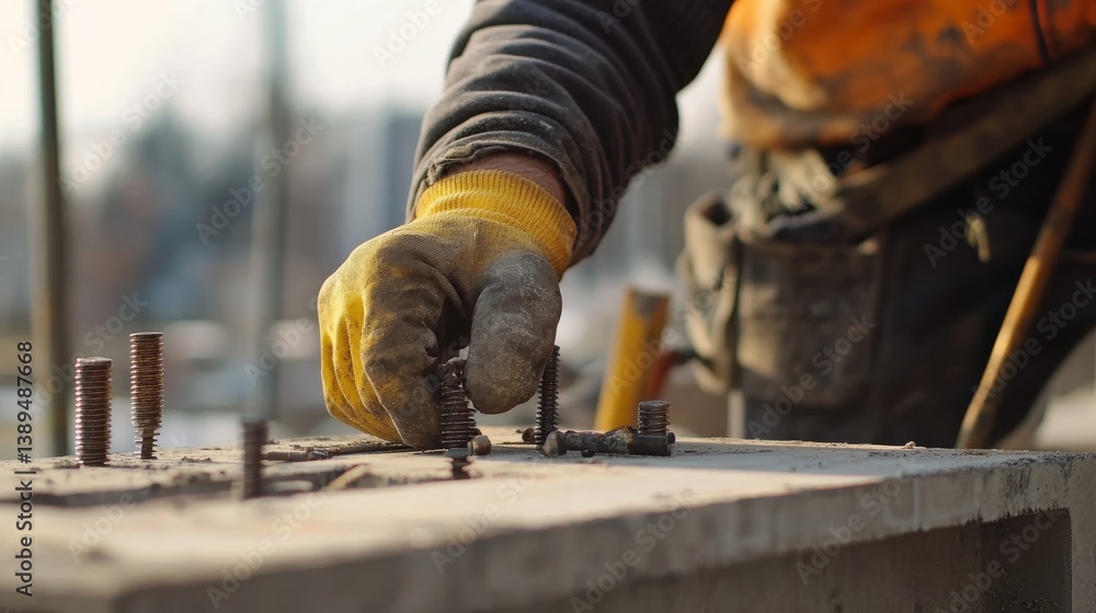 A construction worker tightening bolts at a building site. Featuring precision and focus A construction worker tightening bolts at a building site. Featuring precision and focus