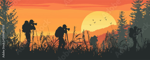 Silhouettes of photographers capturing scenic sunset in forest landscape.