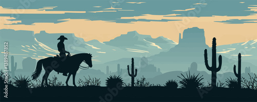 Silhouette of cowboy on horse in desert landscape with cacti at sunset.