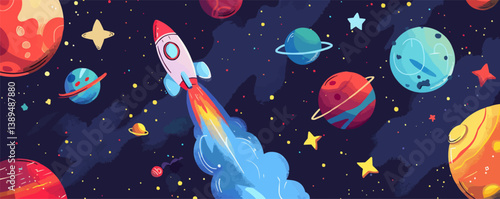 Colorful cartoon rocket traveling through a vibrant outer space universe with planets and stars.