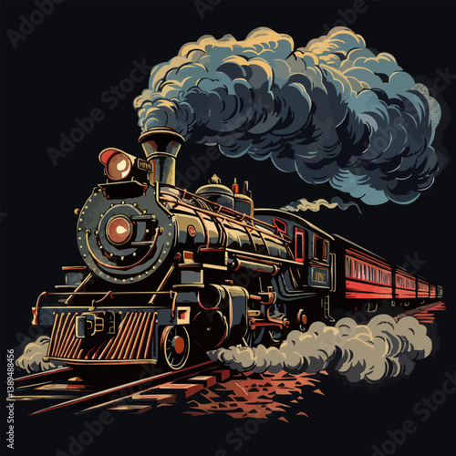 Vintage steam locomotive with billowing smoke on tracks at night.