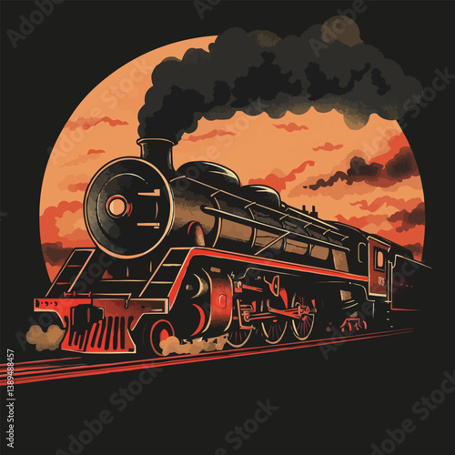 Vintage steam train at sunset with dramatic smoke and scenic sky.