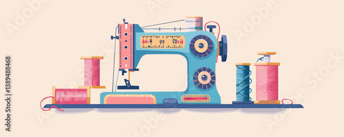 Vintage sewing machine with colorful thread spools and bobbins in pastel tones.