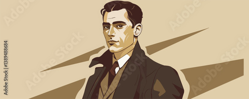 Art deco male portrait of young caucasian adult in classic attire.