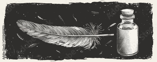 Vintage feather and inkwell illustration with black background and artistic details.