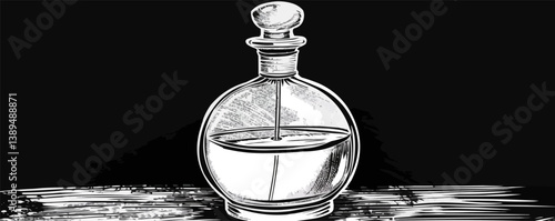 Elegant glass decanter with stopper in black and white illustration style.