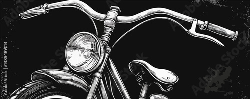 Vintage bicycle handlebars and headlight on black background.