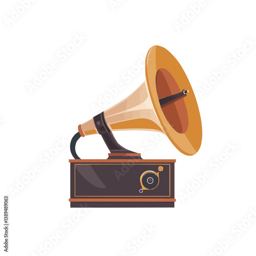 Vintage gramophone with brass horn on white background.