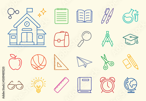 Editable stroke icon set with a back to school theme, perfect for educational projects and student-related designs. These customizable icons feature school supplies, backpacks, books, and more.
