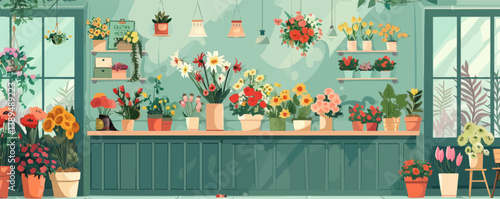 Vibrant indoor flower shop with colorful potted plants and hanging baskets.