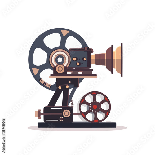 Vintage film projector on white background depicting classic cinema equipment.