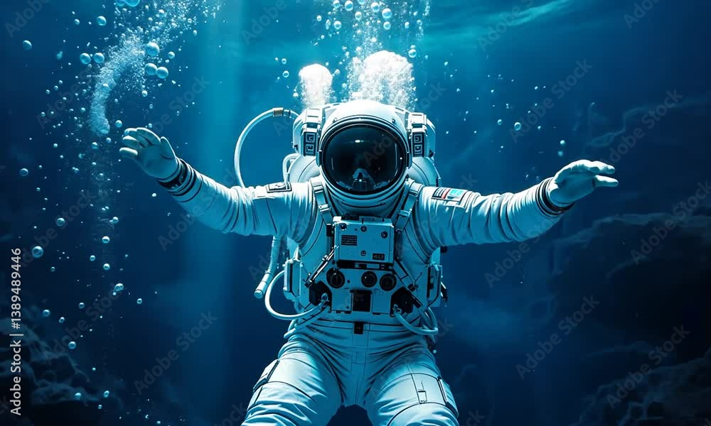 Astronaut floating underwater in full gear with bubbles rising in deep blue ocean scene. Concept of surreal exploration and isolation Astronaut floating underwater in full gear with bubbles rising in deep blue ocean scene. Concept of surreal exploration and isolation