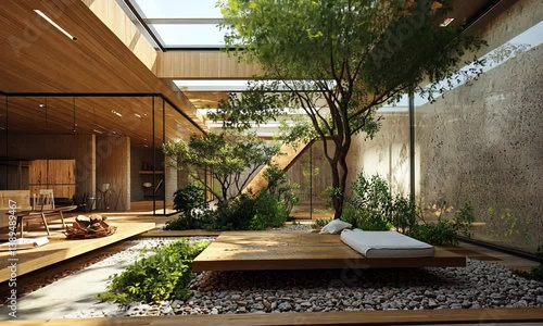 Modern interior design featuring a serene indoor garden with natural light and wooden elements