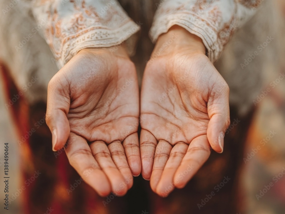 Fototapeta premium Close-up of hands offering Zakat al-Fitr (charity) to those in need, symbolizing generosity and kindness
