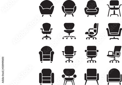 A set of black chair icons in a modern flat style, featuring various types of seating silhouettes