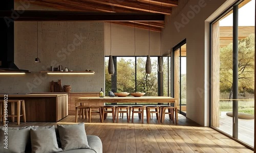 Modern interior design of a cozy living room with wooden accents and large windows showcasing nature