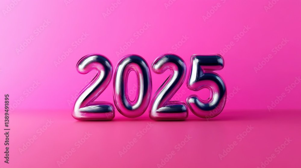 Shiny Silver 2025 Number Balloons on Pink Background for New Year Shiny Silver 2025 Number Balloons on Pink Background for New Year