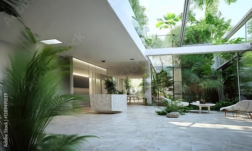 Modern interior design with lush greenery, open space, and natural light in a contemporary home