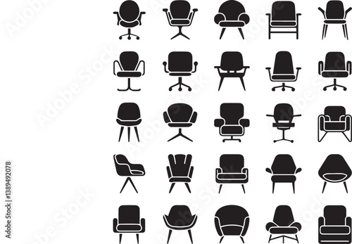 A set of black chair icons in a modern flat style, featuring various types of seating silhouettes