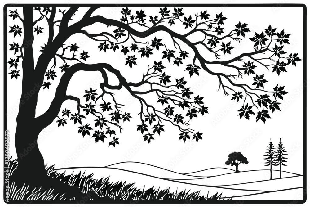 Fototapeta premium 92 Black and white silhouette, tree landscape, maple leaves, framed composition, intricate branches, nature scene, stark contrast, detailed foliage, serene atmosphere, minimalist design, graphic illus