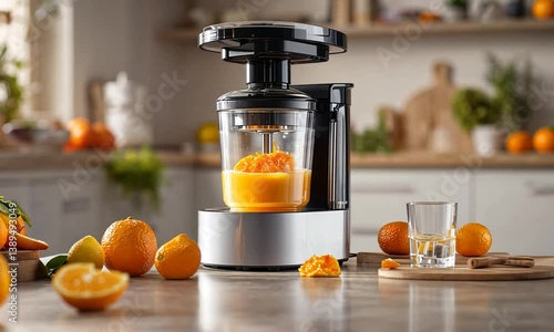 Modern juicer extracting fresh orange juice in a bright kitchen with fruits scattered around