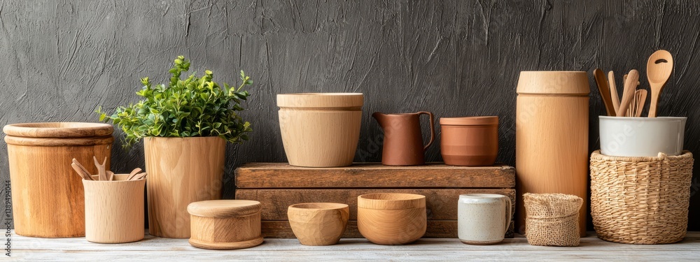 Fototapeta premium Natural Kitchen Containers and Utensils on Wooden Background