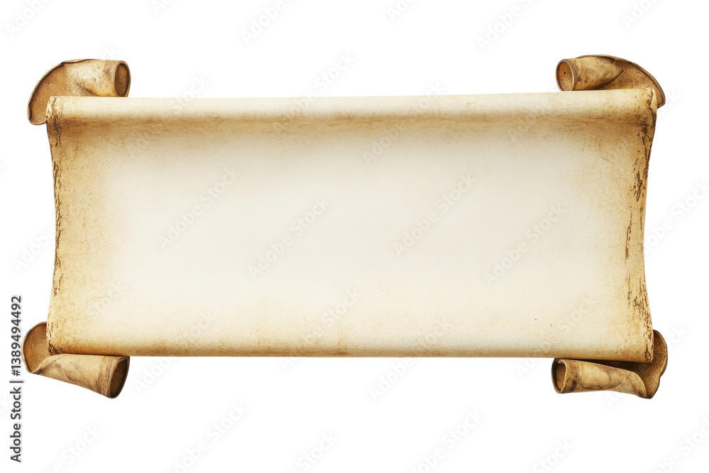 Obraz premium Antique parchment scroll aged paper texture blank space for text aged edges isolated white