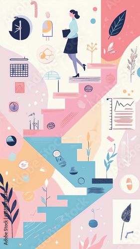 young woman sitting peacefully in a minimalist home office A woman ascending colorful stairs illustrating growth.