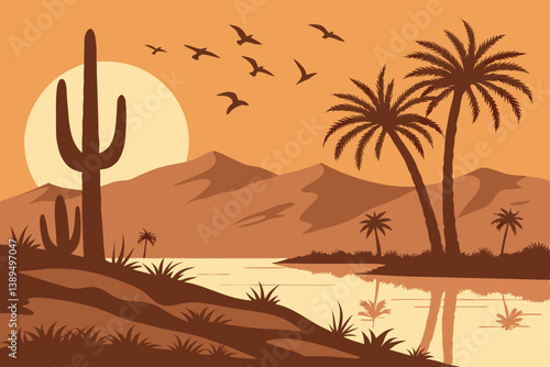 94 Sunset landscape, desert oasis, silhouette of cactus, flock of birds in flight, orange sky, reflective water, distant islands, palm trees, dramatic lighting, warm colors, peaceful atmosphere, vecto