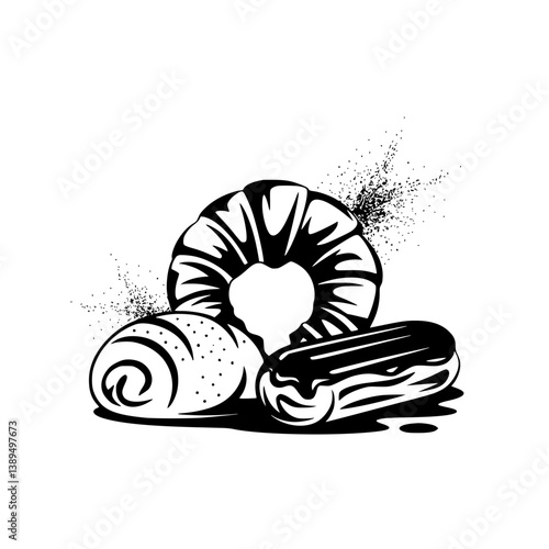 Monochrome Bakery Illustration: Croissant, Roll, Eclair Graphic