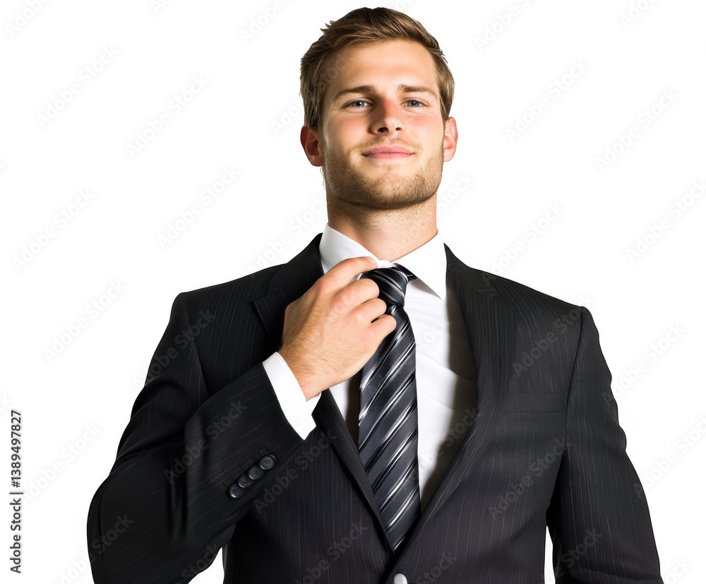 Confident man in a black suit adjusting his tie against a transparent background with a focused expression, representing professionalism and style Confident man in a black suit adjusting his tie against a transparent background with a focused expression, representing professionalism and style
